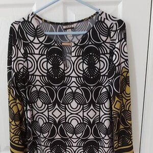 DRESS BY HAANI. Black/white swirled pattern on white/yellow background. LARGE